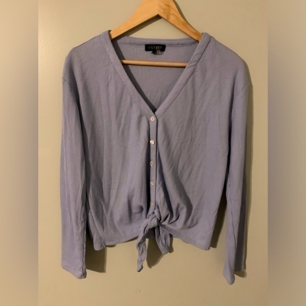 1 state crop waffle knit crop long sleeve top medium blue